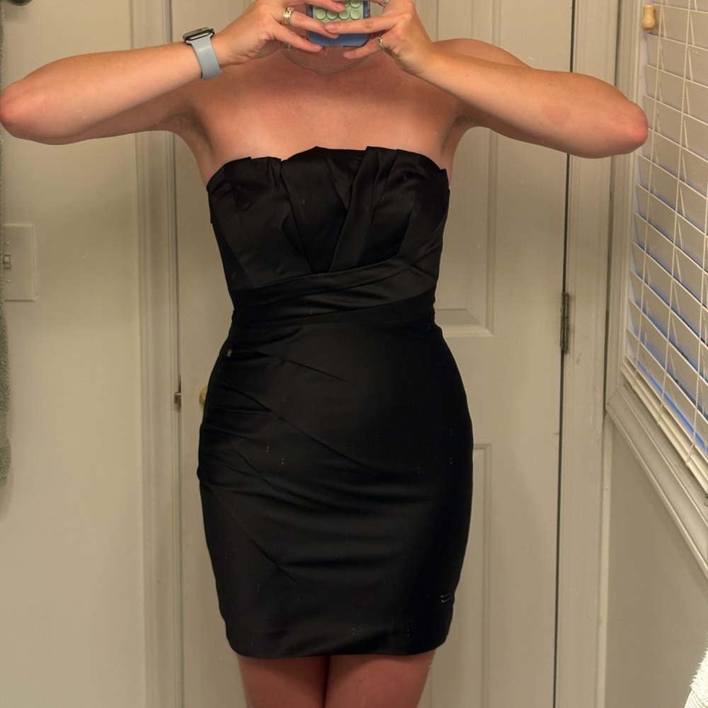 Express Black Strapless Satin Silky Asymmetric Little Black Dress, size 2